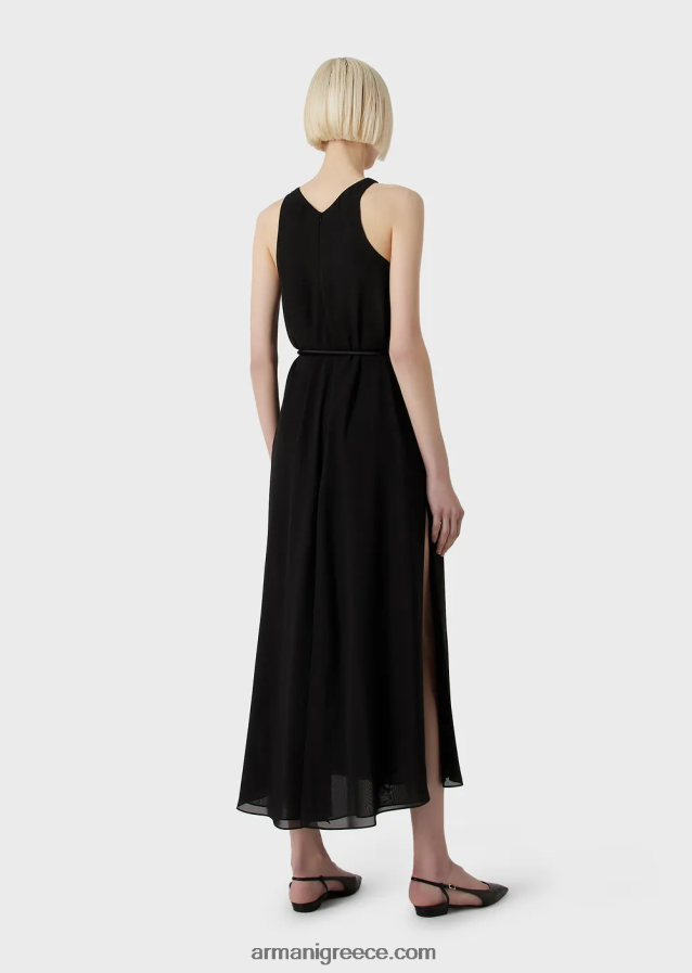 γυναίκες Armani Αμάνικο μακρύ φόρεμα κρεπόν με σκισίματα στο πλάι 4046R673 μαύρος
