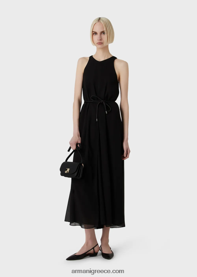 γυναίκες Armani Αμάνικο μακρύ φόρεμα κρεπόν με σκισίματα στο πλάι 4046R673 μαύρος