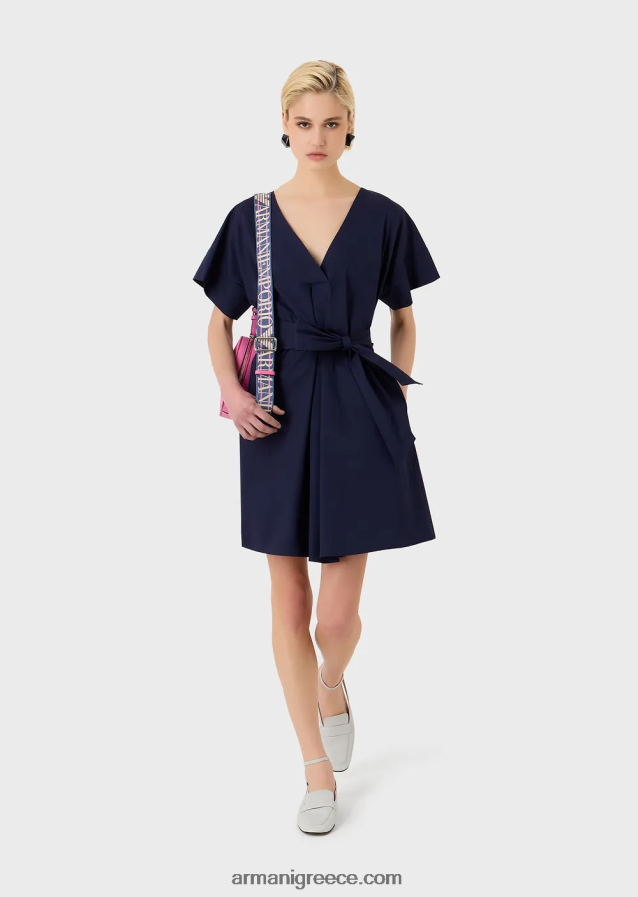 γυναίκες Armani Βαμβακερό φόρεμα με γυαλόχαρτο με φύλλο 4046R693 ναυτικό μπλε