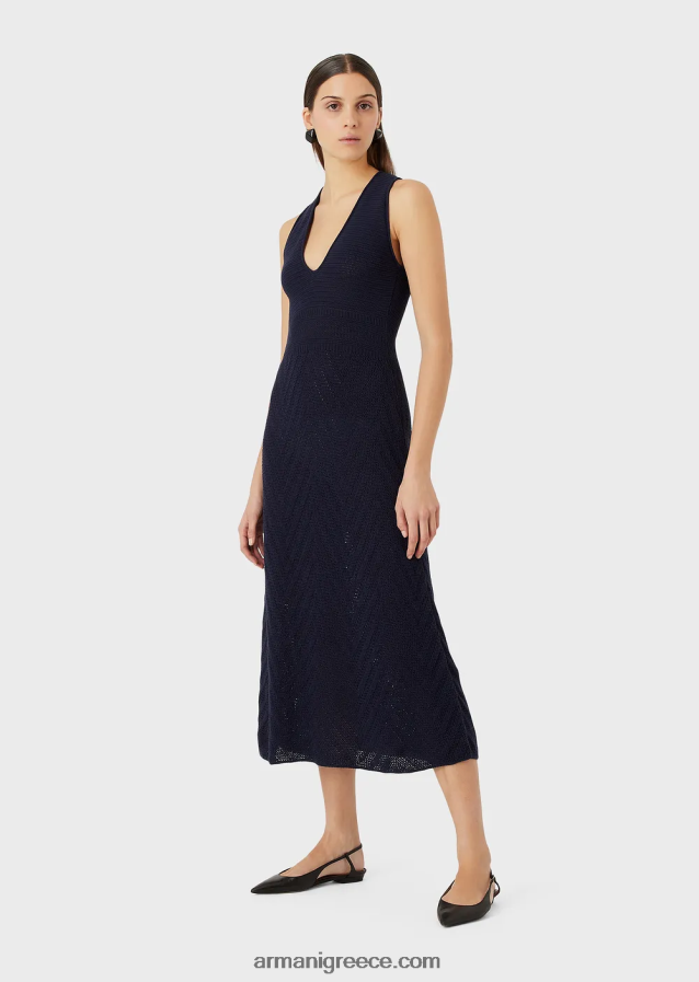 γυναίκες Armani Πλεκτό μακρύ φόρεμα με μοτίβο chevron 4046R6111 ναυτικό μπλε