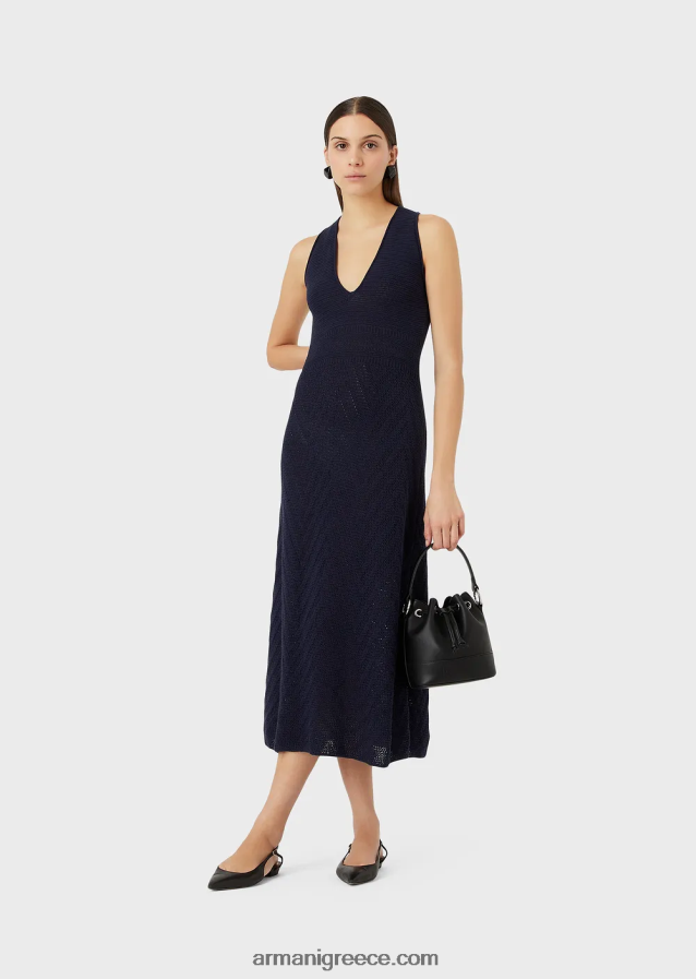 γυναίκες Armani Πλεκτό μακρύ φόρεμα με μοτίβο chevron 4046R6111 ναυτικό μπλε