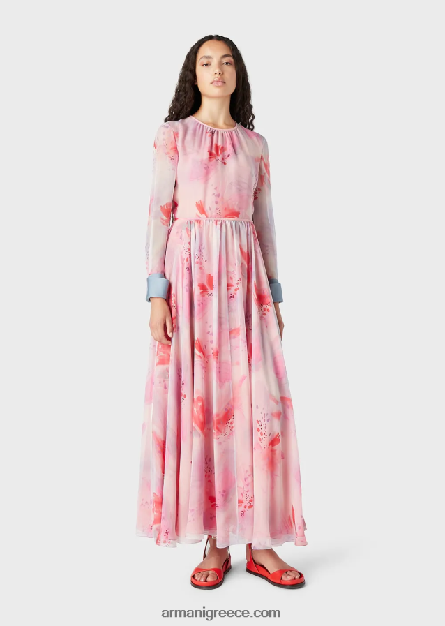 γυναίκες Armani floral-print μεταξωτό-σιφόν μακρύ φόρεμα με μανσέτες 4046R6115