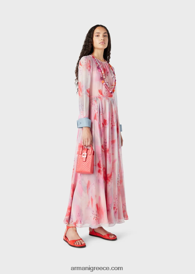 γυναίκες Armani floral-print μεταξωτό-σιφόν μακρύ φόρεμα με μανσέτες 4046R6115