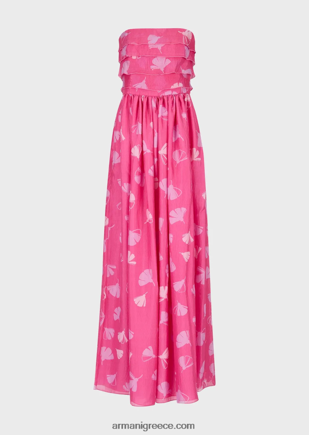 γυναίκες Armani μακρύ φόρεμα με φουσκωτό μπούστο σε μεταξωτό κάλυμμα με στάμπα ginkgo 4046R6125 λουλούδια