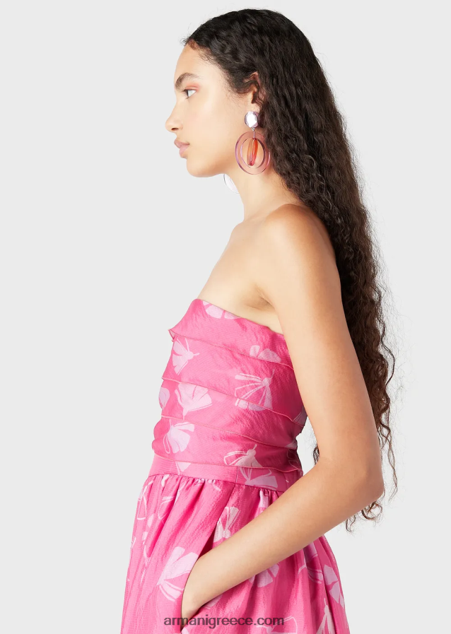 γυναίκες Armani μακρύ φόρεμα με φουσκωτό μπούστο σε μεταξωτό κάλυμμα με στάμπα ginkgo 4046R6125 λουλούδια
