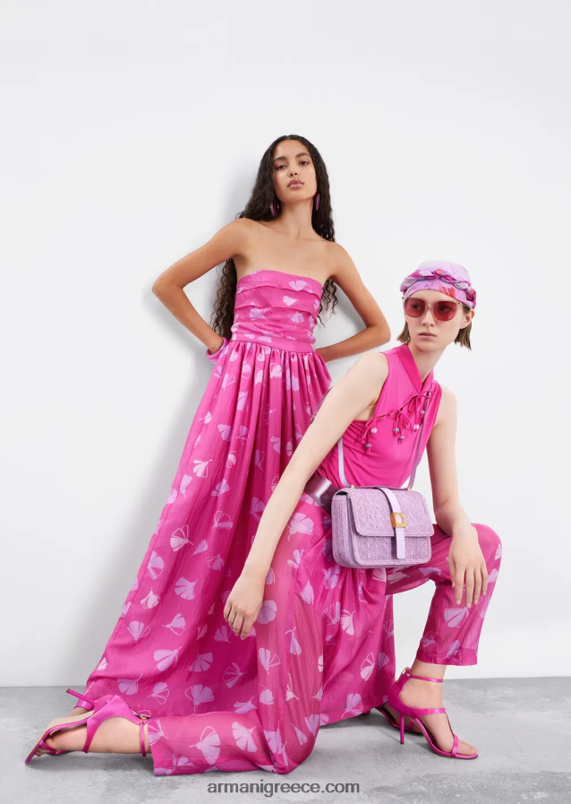 γυναίκες Armani μακρύ φόρεμα με φουσκωτό μπούστο σε μεταξωτό κάλυμμα με στάμπα ginkgo 4046R6125 λουλούδια