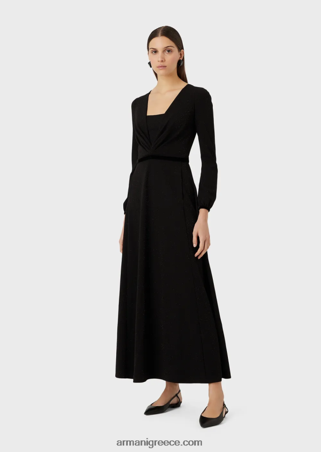 γυναίκες Armani Μίντι φόρεμα με λαιμόκοψη με πλισέ λεπτομέρεια από ύφασμα lurex 4046R6116 μαύρος