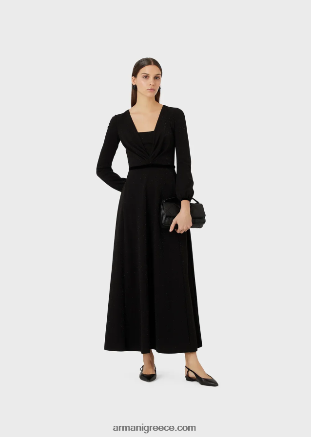 γυναίκες Armani Μίντι φόρεμα με λαιμόκοψη με πλισέ λεπτομέρεια από ύφασμα lurex 4046R6116 μαύρος