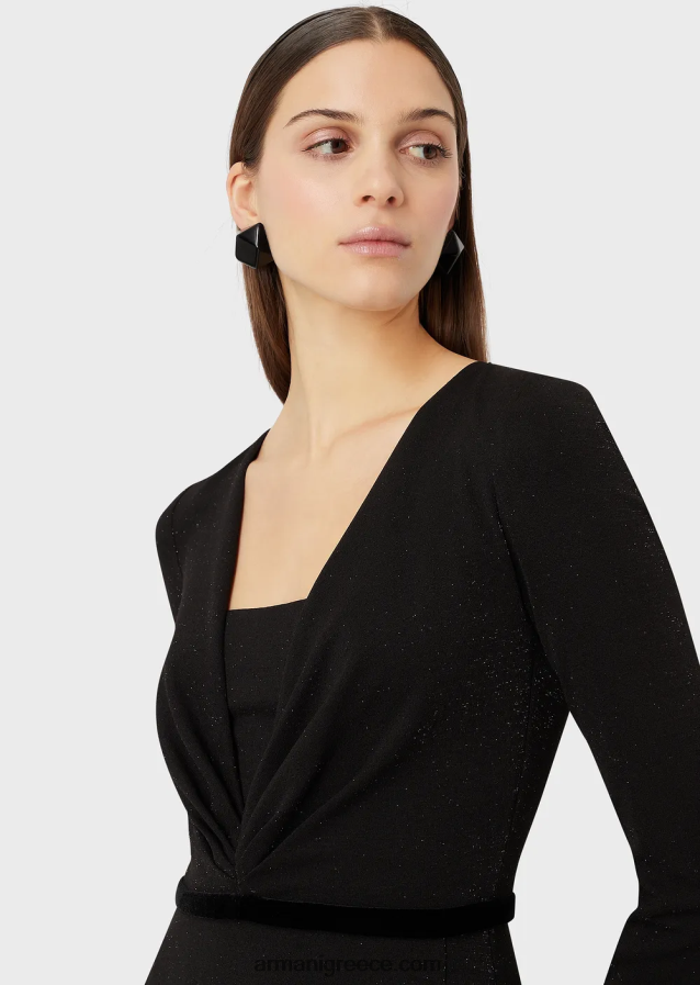 γυναίκες Armani Μίντι φόρεμα με λαιμόκοψη με πλισέ λεπτομέρεια από ύφασμα lurex 4046R6116 μαύρος