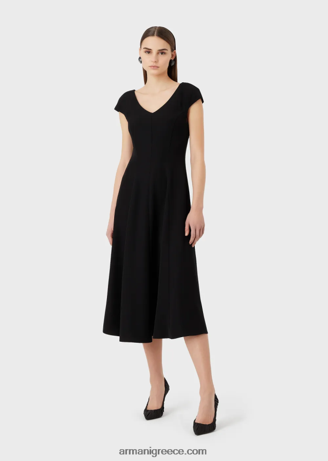 γυναίκες Armani techno-cady flared midi φόρεμα με v λαιμόκοψη 4046R676 μαύρος