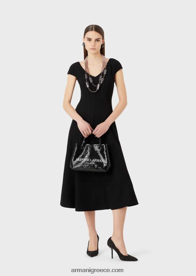 γυναίκες Armani techno-cady flared midi φόρεμα με v λαιμόκοψη 4046R676 μαύρος