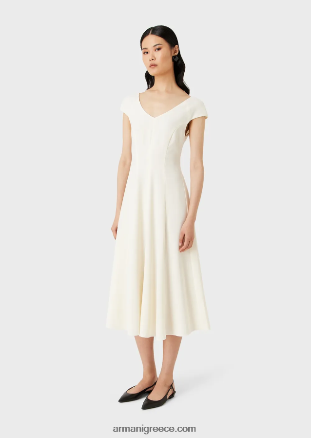 γυναίκες Armani techno-cady flared midi φόρεμα με v λαιμόκοψη 4046R677 άσπρο