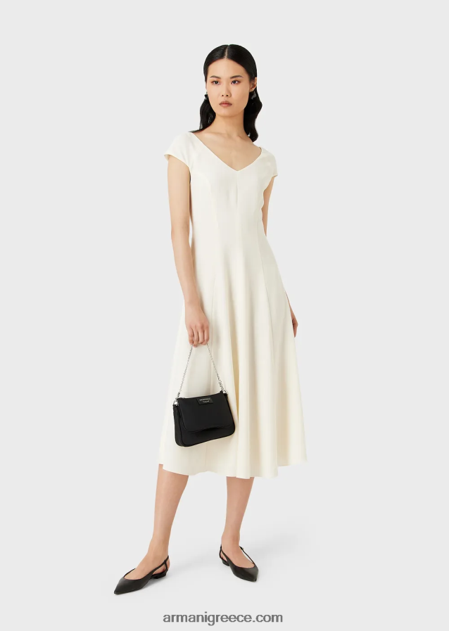 γυναίκες Armani techno-cady flared midi φόρεμα με v λαιμόκοψη 4046R677 άσπρο