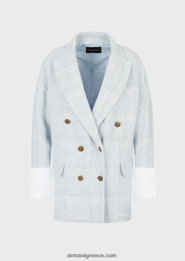 γυναίκες Armani Μπλέιζερ μεγάλου μεγέθους, με διπλό στήθος σε ένα πρίγκιπα της Ουαλίας, με συνδυασμό λινών και κάνναβης 4046R62740 γαλανός