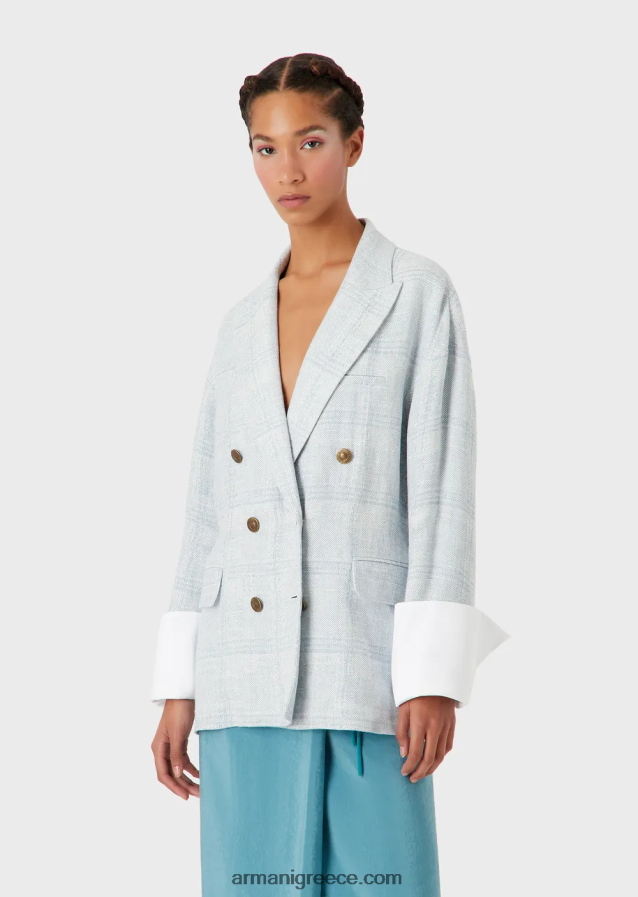 γυναίκες Armani Μπλέιζερ μεγάλου μεγέθους, με διπλό στήθος σε ένα πρίγκιπα της Ουαλίας, με συνδυασμό λινών και κάνναβης 4046R62740 γαλανός