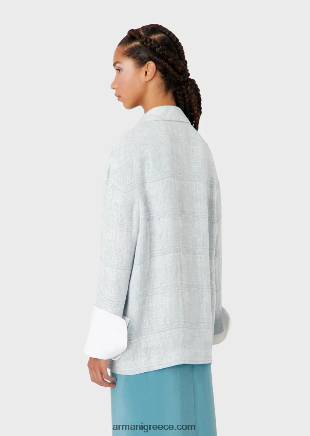 γυναίκες Armani Μπλέιζερ μεγάλου μεγέθους, με διπλό στήθος σε ένα πρίγκιπα της Ουαλίας, με συνδυασμό λινών και κάνναβης 4046R62740 γαλανός