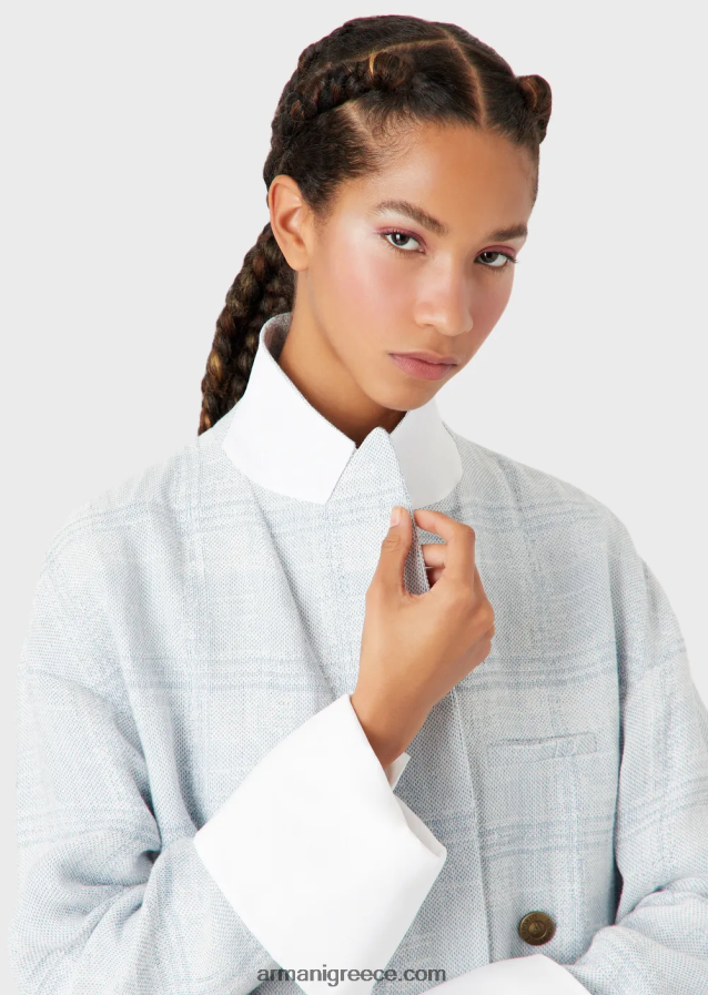 γυναίκες Armani Μπλέιζερ μεγάλου μεγέθους, με διπλό στήθος σε ένα πρίγκιπα της Ουαλίας, με συνδυασμό λινών και κάνναβης 4046R62740 γαλανός