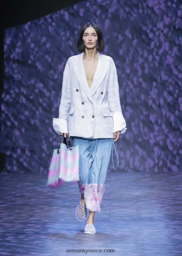 γυναίκες Armani Μπλέιζερ μεγάλου μεγέθους, με διπλό στήθος σε ένα πρίγκιπα της Ουαλίας, με συνδυασμό λινών και κάνναβης 4046R62740 γαλανός