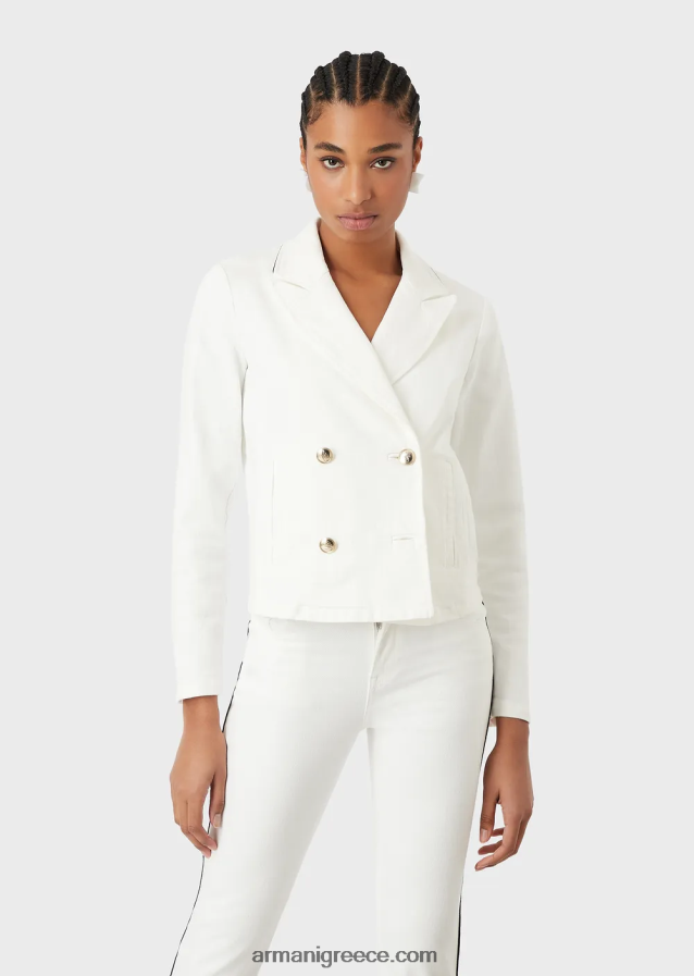 γυναίκες Armani μπουφάν διπλό σε ύφασμα ταύρου με σωληνώσεις 4046R644 άσπρο