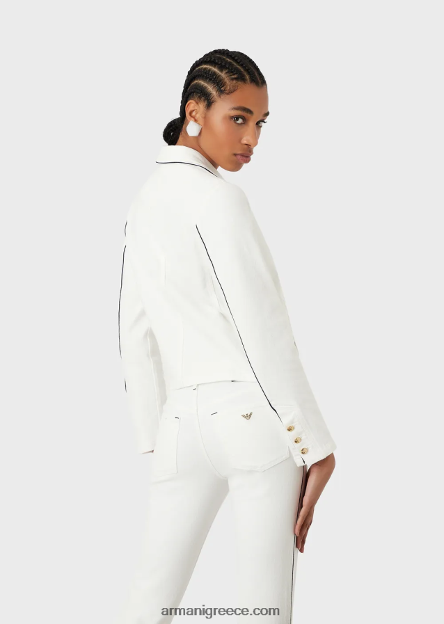 γυναίκες Armani μπουφάν διπλό σε ύφασμα ταύρου με σωληνώσεις 4046R644 άσπρο