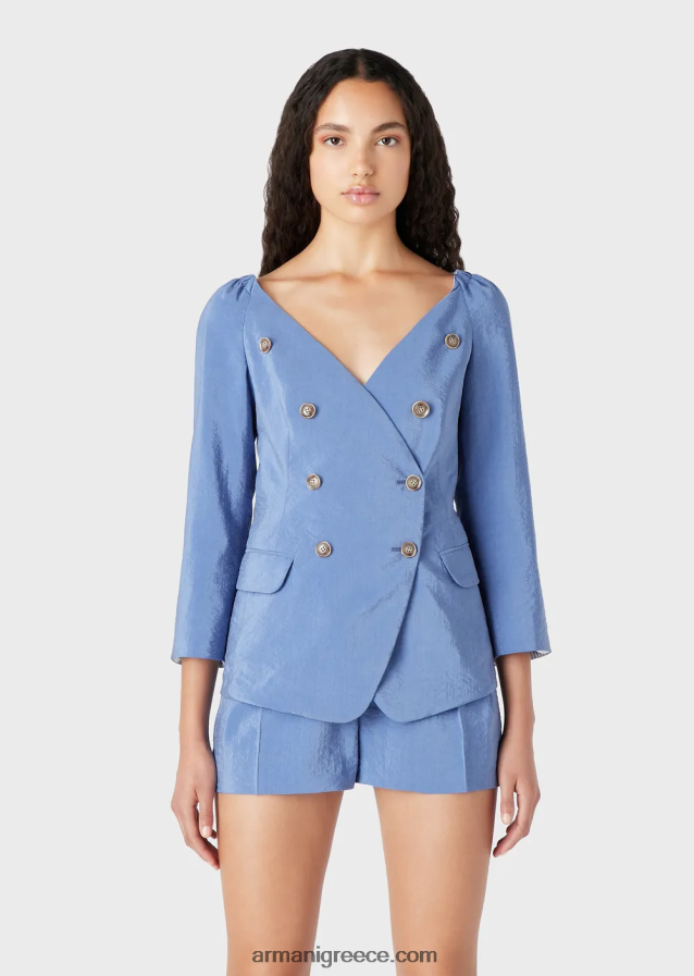 γυναίκες Armani σακάκι με διπλό στήθος χωρίς πέτο από πλυμένο τεχνικό μετάξι 4046R645 μπλε