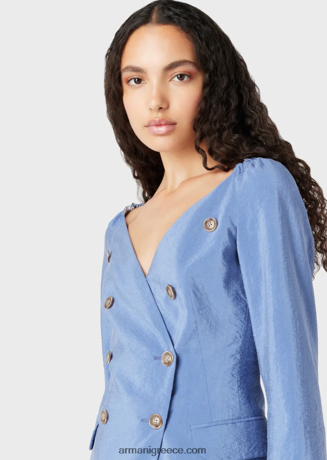 γυναίκες Armani σακάκι με διπλό στήθος χωρίς πέτο από πλυμένο τεχνικό μετάξι 4046R645 μπλε
