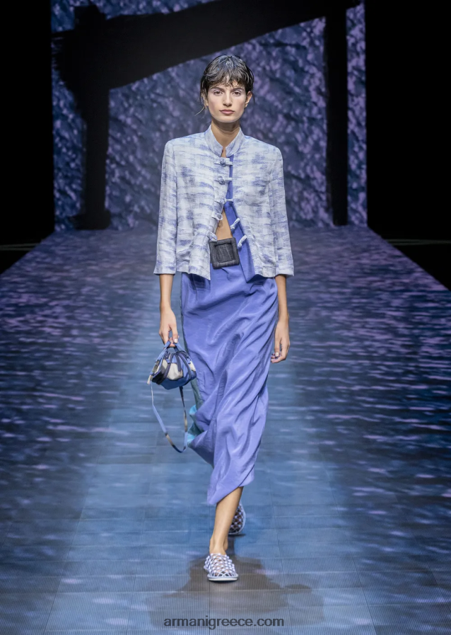 γυναίκες Armani σακάκι με γιακά γκουρού και μπαρέτες σε ντεγκραντέ μείγμα από λινό ζακάρ 4046R647