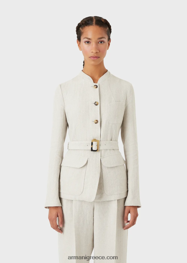 γυναίκες Armani Γκουρού γιακά μπουφάν με ζώνη από λινό micro chevron 4046R651 μπεζ