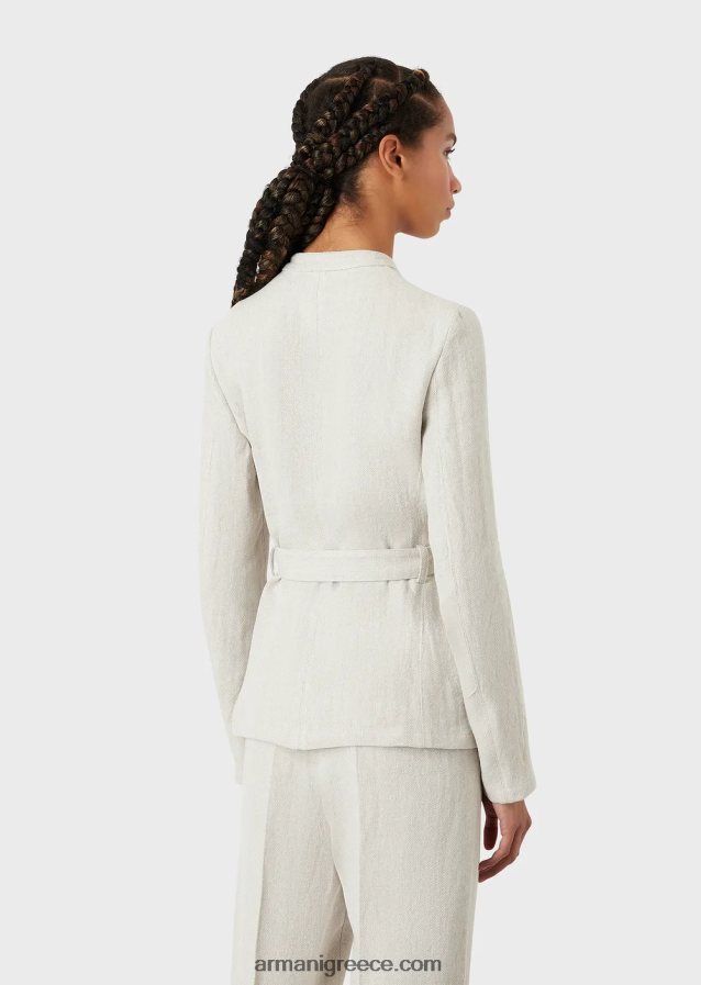 γυναίκες Armani Γκουρού γιακά μπουφάν με ζώνη από λινό micro chevron 4046R651 μπεζ