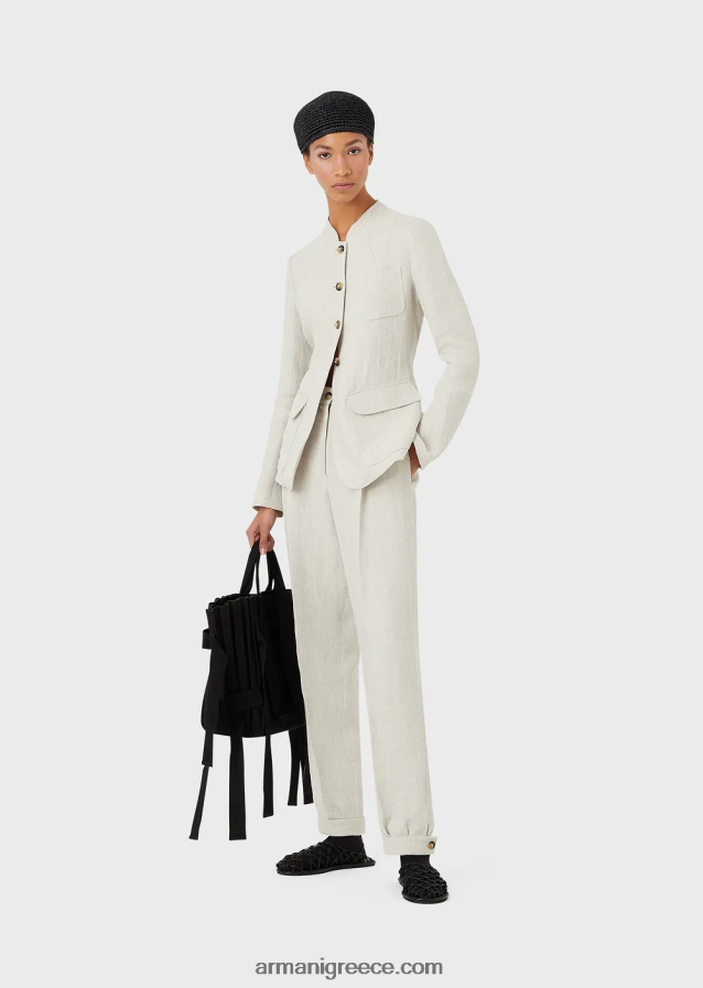 γυναίκες Armani Γκουρού γιακά μπουφάν με ζώνη από λινό micro chevron 4046R651 μπεζ