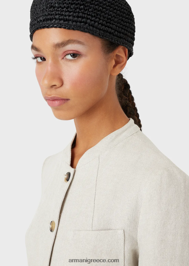 γυναίκες Armani Γκουρού γιακά μπουφάν με ζώνη από λινό micro chevron 4046R651 μπεζ