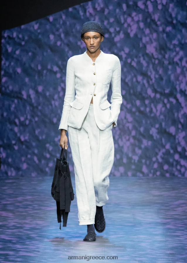 γυναίκες Armani Γκουρού γιακά μπουφάν με ζώνη από λινό micro chevron 4046R651 μπεζ