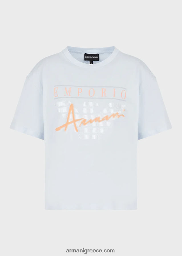 γυναίκες Armani ελαφρύ μπλουζάκι από οργανικό ζέρσεϊ με ανάγλυφα υφασμάτινα γράμματα και τύπωμα λογότυπου 4046R6430 γαλανός