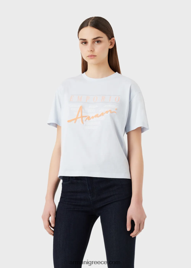 γυναίκες Armani ελαφρύ μπλουζάκι από οργανικό ζέρσεϊ με ανάγλυφα υφασμάτινα γράμματα και τύπωμα λογότυπου 4046R6430 γαλανός