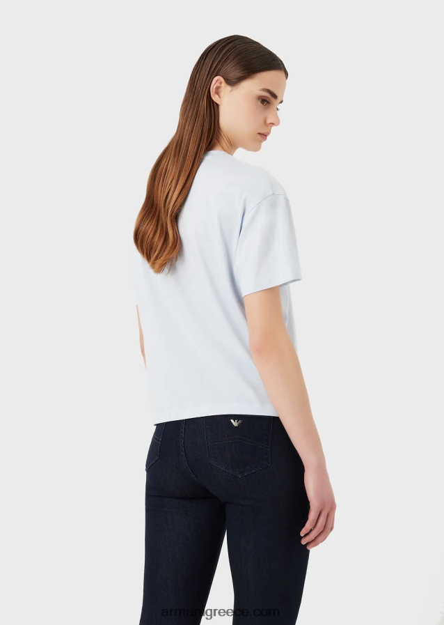 γυναίκες Armani ελαφρύ μπλουζάκι από οργανικό ζέρσεϊ με ανάγλυφα υφασμάτινα γράμματα και τύπωμα λογότυπου 4046R6430 γαλανός