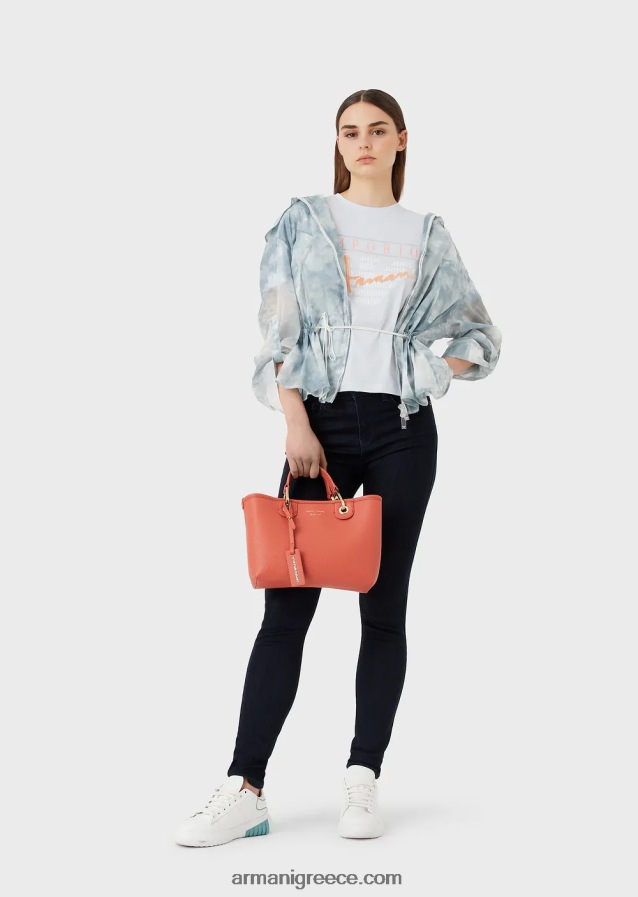 γυναίκες Armani ελαφρύ μπλουζάκι από οργανικό ζέρσεϊ με ανάγλυφα υφασμάτινα γράμματα και τύπωμα λογότυπου 4046R6430 γαλανός