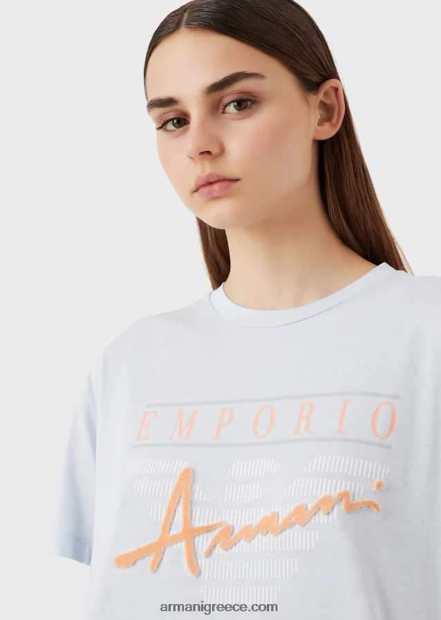 γυναίκες Armani ελαφρύ μπλουζάκι από οργανικό ζέρσεϊ με ανάγλυφα υφασμάτινα γράμματα και τύπωμα λογότυπου 4046R6430 γαλανός