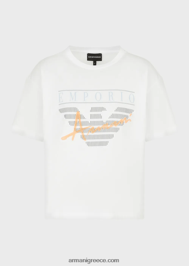γυναίκες Armani ελαφρύ μπλουζάκι από οργανικό ζέρσεϊ με ανάγλυφα υφασμάτινα γράμματα και τύπωμα λογότυπου 4046R6431 άσπρο