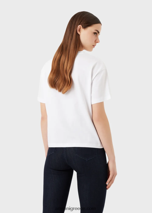 γυναίκες Armani ελαφρύ μπλουζάκι από οργανικό ζέρσεϊ με ανάγλυφα υφασμάτινα γράμματα και τύπωμα λογότυπου 4046R6431 άσπρο
