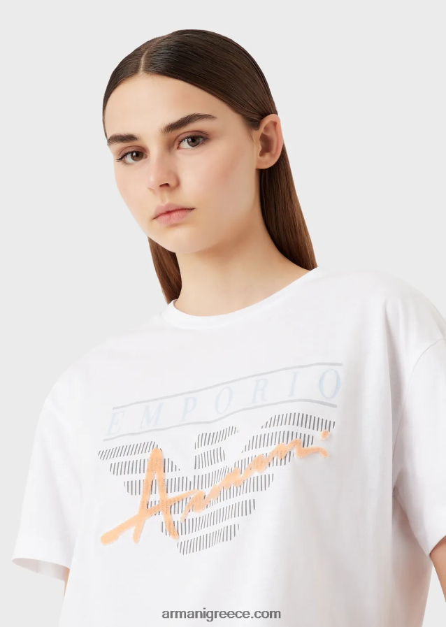γυναίκες Armani ελαφρύ μπλουζάκι από οργανικό ζέρσεϊ με ανάγλυφα υφασμάτινα γράμματα και τύπωμα λογότυπου 4046R6431 άσπρο