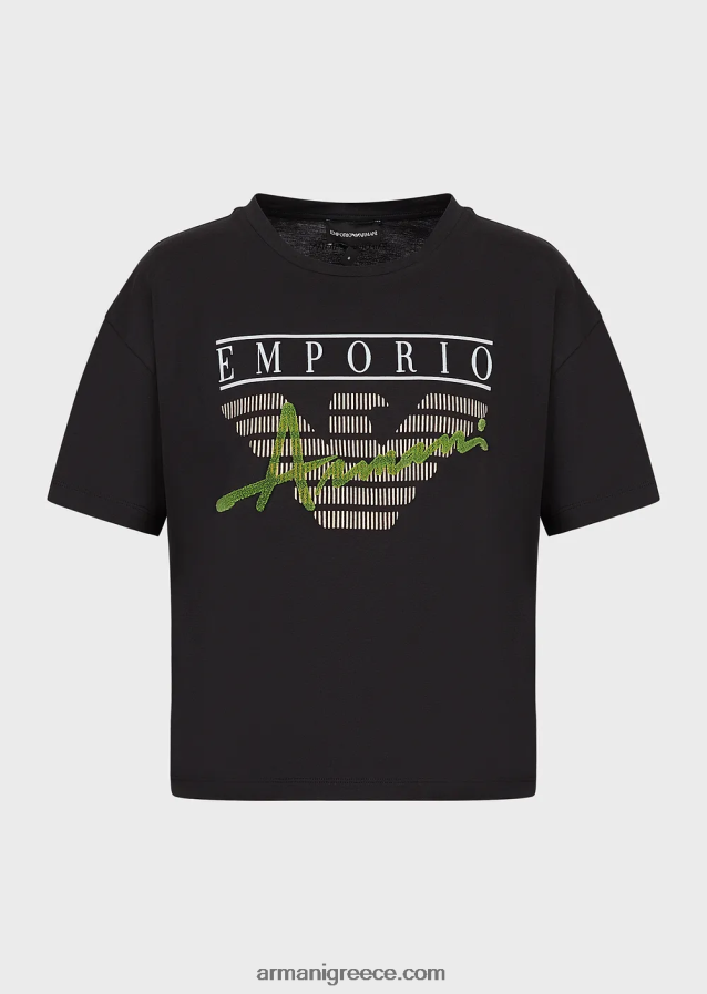 γυναίκες Armani ελαφρύ μπλουζάκι από οργανικό ζέρσεϊ με ανάγλυφα υφασμάτινα γράμματα και τύπωμα λογότυπου 4046R6432 μαύρος