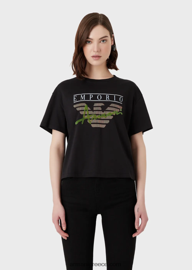 γυναίκες Armani ελαφρύ μπλουζάκι από οργανικό ζέρσεϊ με ανάγλυφα υφασμάτινα γράμματα και τύπωμα λογότυπου 4046R6432 μαύρος