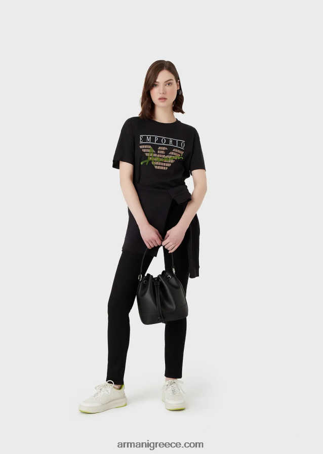 γυναίκες Armani ελαφρύ μπλουζάκι από οργανικό ζέρσεϊ με ανάγλυφα υφασμάτινα γράμματα και τύπωμα λογότυπου 4046R6432 μαύρος