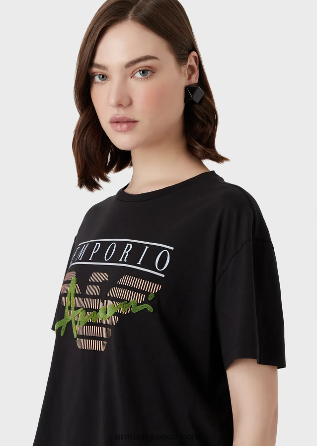 γυναίκες Armani ελαφρύ μπλουζάκι από οργανικό ζέρσεϊ με ανάγλυφα υφασμάτινα γράμματα και τύπωμα λογότυπου 4046R6432 μαύρος