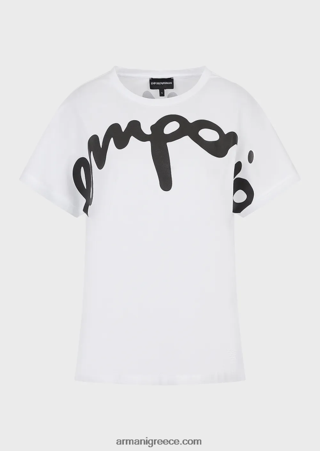 γυναίκες Armani ελαφρύ μπλουζάκι από οργανικό ζέρσεϊ με μεγάλο πλάγιο λογότυπο από καουτσούκ 4046R6434 άσπρο