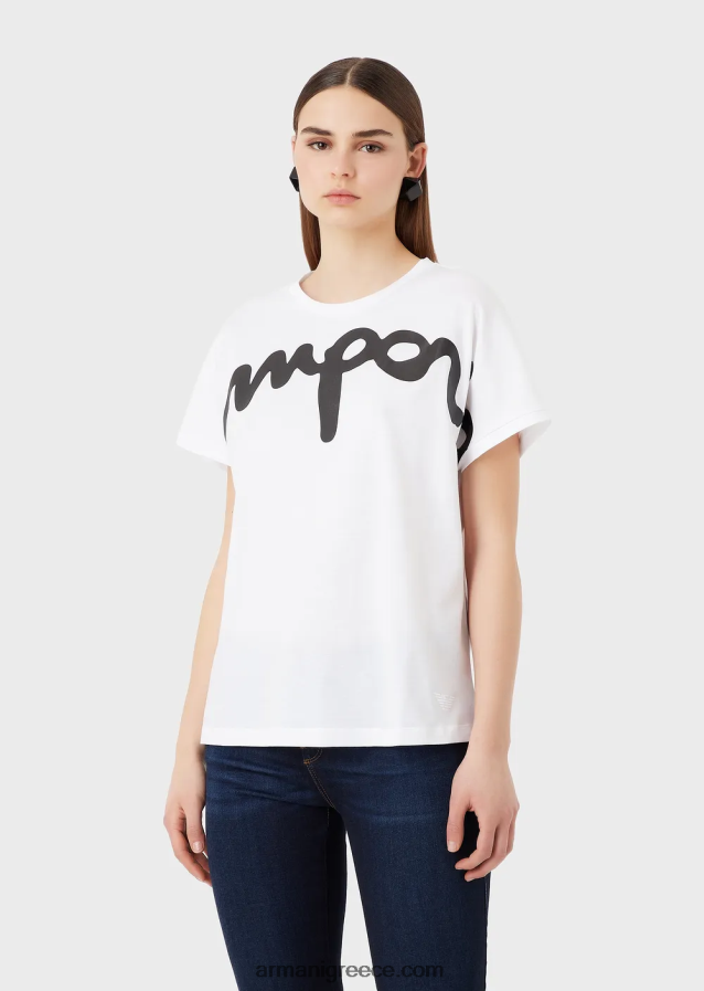 γυναίκες Armani ελαφρύ μπλουζάκι από οργανικό ζέρσεϊ με μεγάλο πλάγιο λογότυπο από καουτσούκ 4046R6434 άσπρο