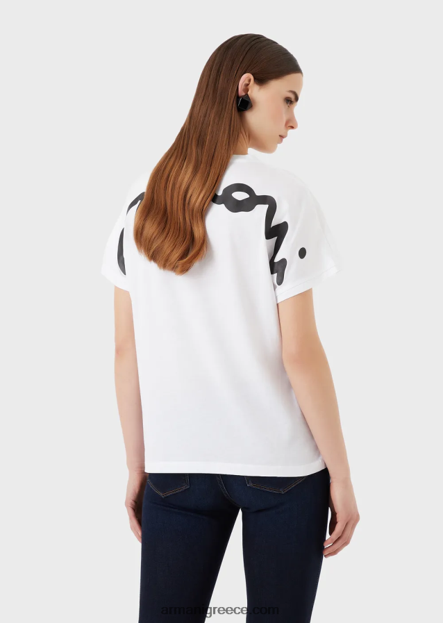 γυναίκες Armani ελαφρύ μπλουζάκι από οργανικό ζέρσεϊ με μεγάλο πλάγιο λογότυπο από καουτσούκ 4046R6434 άσπρο