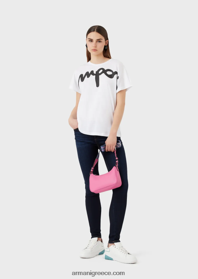 γυναίκες Armani ελαφρύ μπλουζάκι από οργανικό ζέρσεϊ με μεγάλο πλάγιο λογότυπο από καουτσούκ 4046R6434 άσπρο