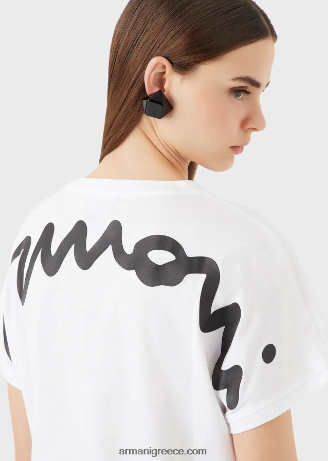 γυναίκες Armani ελαφρύ μπλουζάκι από οργανικό ζέρσεϊ με μεγάλο πλάγιο λογότυπο από καουτσούκ 4046R6434 άσπρο