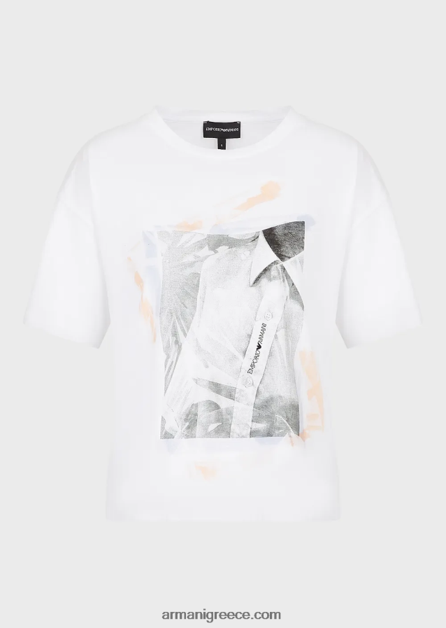 γυναίκες Armani μεσαίο μπλουζάκι από οργανικό ζέρσεϊ με στάμπα πουκάμισου και κέντημα από κοντά 4046R6436 άσπρο